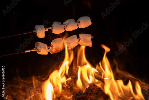 Close em espetos de marshmallows sendo assados em uma linda fogueira no tacho em fundo escuro e desfocado.