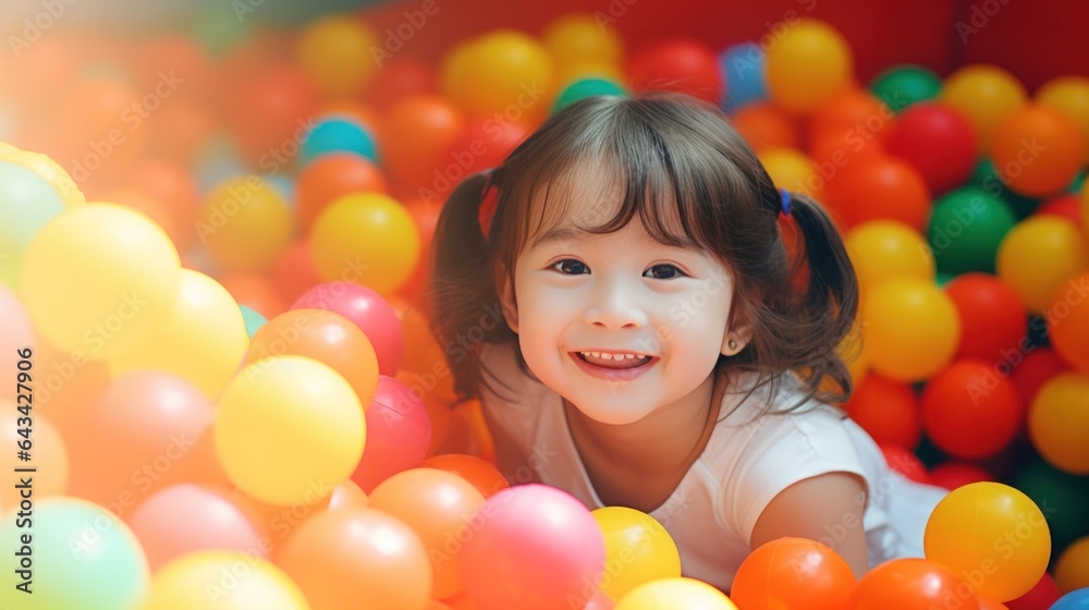 Obraz premium Smiling little baby kid girl playing in pool with colorful plastic balls in game room.