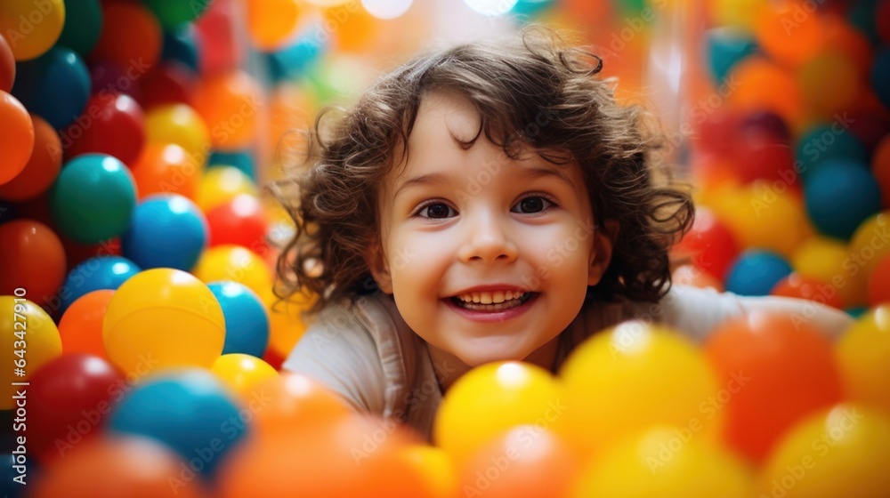 Smiling little baby kid girl playing in pool with colorful plastic balls in game room. Smiling little baby kid girl playing in pool with colorful plastic balls in game room.