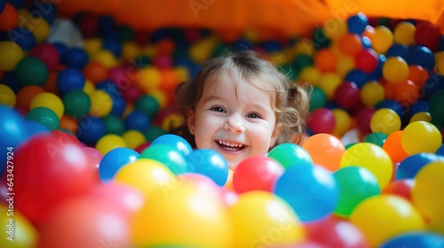Smiling little baby kid girl playing in pool with colorful plastic balls in game room.
