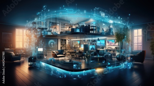 white futuristic smart living house with digital technologies and holographic screens and web signs. big family home. blue and warm yellow light. Generative AI 
