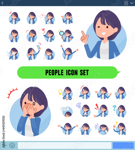 アイコン形式で様々な感情表現をする広報担当女性のセット