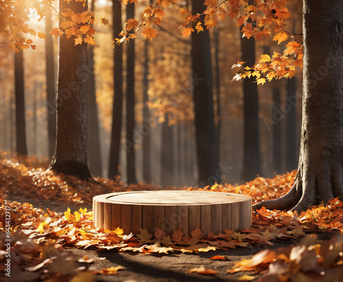 wooden podium mockup for cosmetics, products,perfumes or jewelry with autumn background，autumn leaves