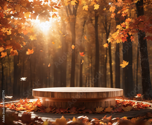wooden podium mockup for cosmetics, products,perfumes or jewelry with autumn background，autumn leaves
