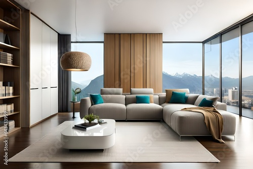 Modern interior of living room with white sofa  knitted pouf  vase and panoramic bulbs. 3d rendering