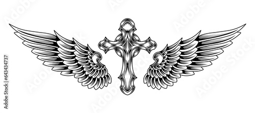 cross with angel wings tattoo vintage illustration design