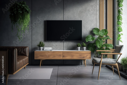 Interior of living room with leather sofa, wooden table, plant, and TV mounted on concrete wall. Generative AI