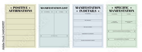 Set of printable vector manifestation, affirmation, and gratitude planner template for journaling