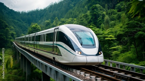 A futuristic maglev train speeding along its elevated track 