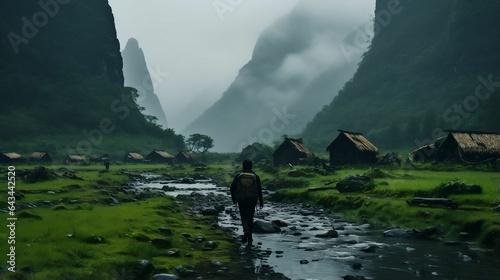 Exploring remote villages in lush, misty mountain landscapes 