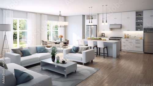 白とグレーのお洒落なリビングダイニングキッチン　White & Gray Open Plan Living Dining Room & kitchen Combo