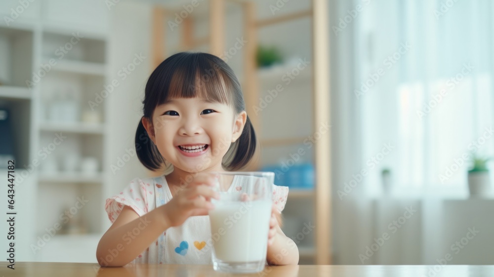 Asian little girl holding a cup of milk, feel happy enjoy drinking milk in kitchen. Asian little girl holding a cup of milk, feel happy enjoy drinking milk in kitchen.