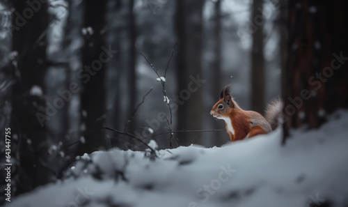 Squirrel on a background of snow. Forest winter landscape with an animal. Animal photo. Squirrel in the snow
