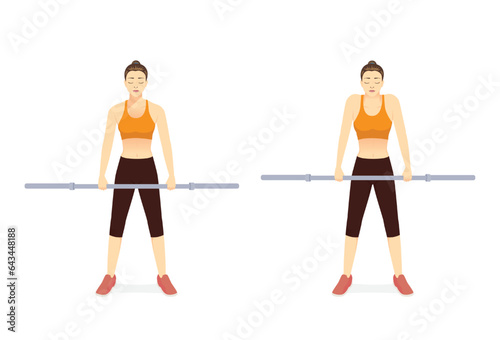 Sport woman doing exercise by barbell shoulder shrugs pose with empty Barbell in 2 step. How to Build Muscle at the shoulder weight lifting equipment.