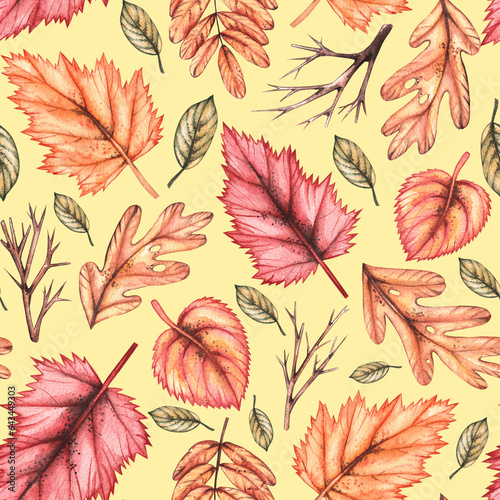 Watercolor autumn pattern with withered leaves on a yellow background