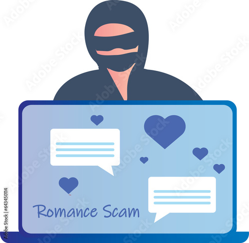 Romance scam, online dating scam, cyber crime concept, woman in love with scammer, hacker chatting online on png background photo