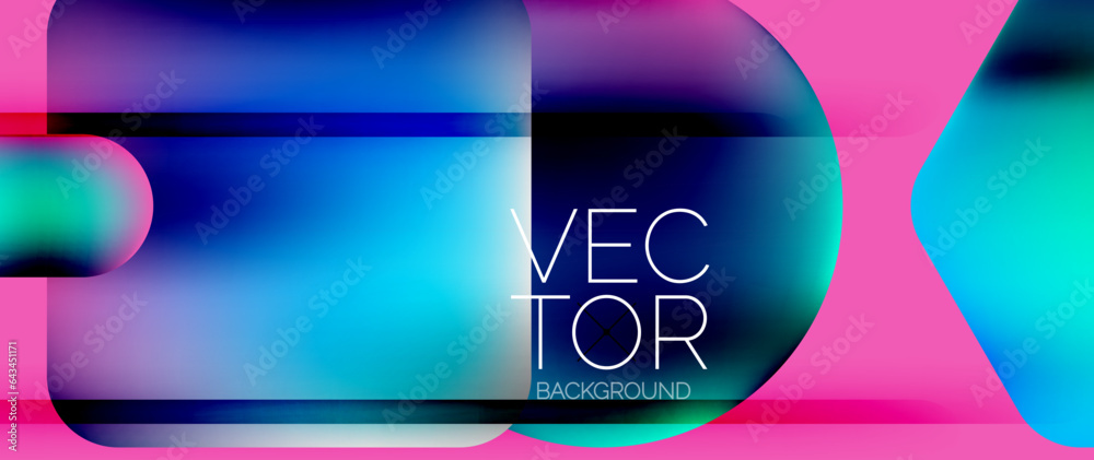 Fototapeta premium Dynamic bright colorful geometric elements with fluid gradients, lights, shadows blend in a minimal backdrop, creating captivating composition