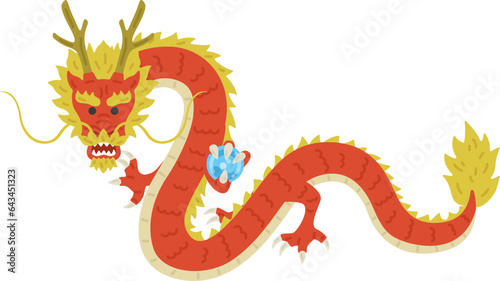 正面を向いた、玉を持って、飛んでいる赤龍のイラスト