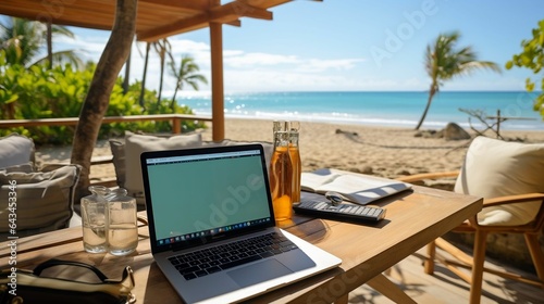 Laptop and documents spread across a beachside work setu