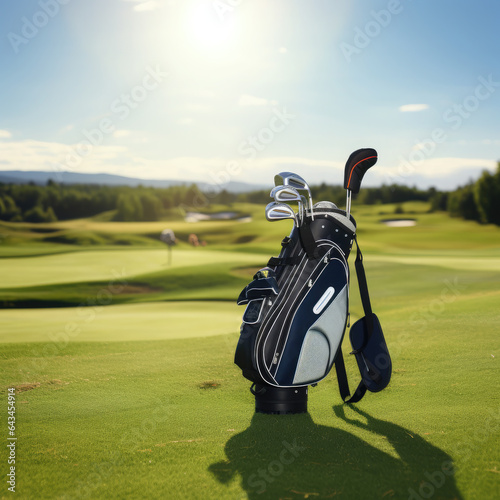 Generative AI, a sports bag with golf clubs stands on a green golf course, a professional elite golf club, a place for text, a lifestyle, an advertisement for a sports store