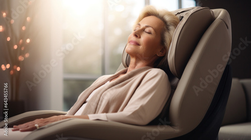 Senior woman relaxing therapy on the massage chair in living room. Modern electric massage chair. photo