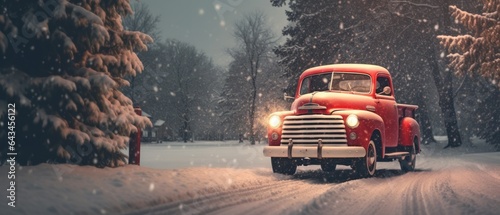 red truck car carrying christmas tree.winter season 