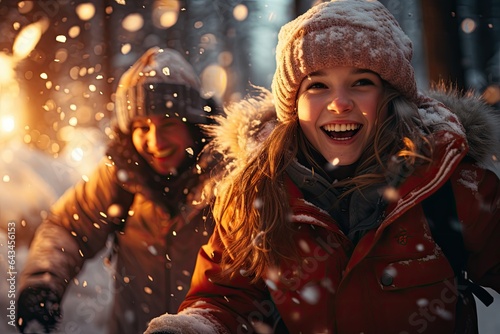 happiness joyful children playing snowfall at winter season 