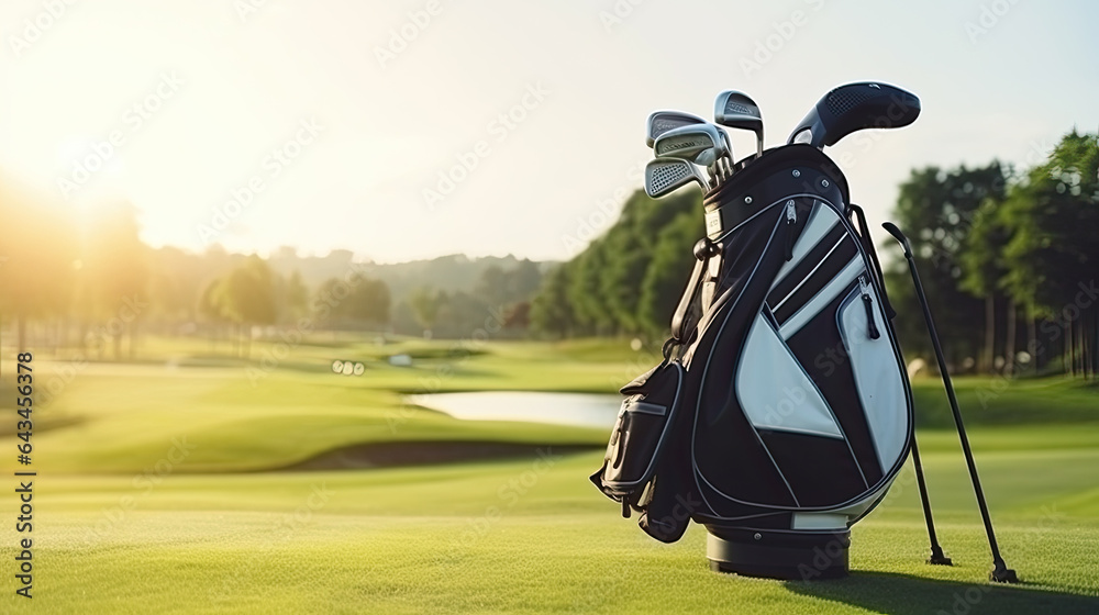 Generative AI, a sports bag with golf clubs stands on a green golf course, a professional elite golf club, a place for text, a lifestyle, an advertisement for a sports store - obrazy, fototapety, plakaty 
