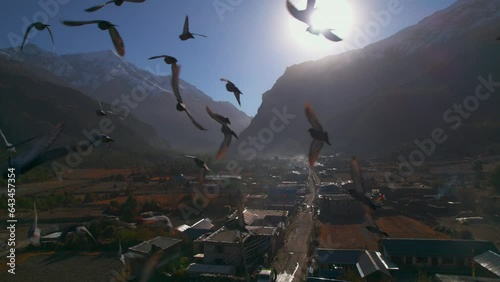 Birds eye view fly over Humde village houses on sunrise. Annapurna circuit trek. Marshyangdi valley. Himalayas mountain range. Nepalese homes architecture and lifestyle concept. photo