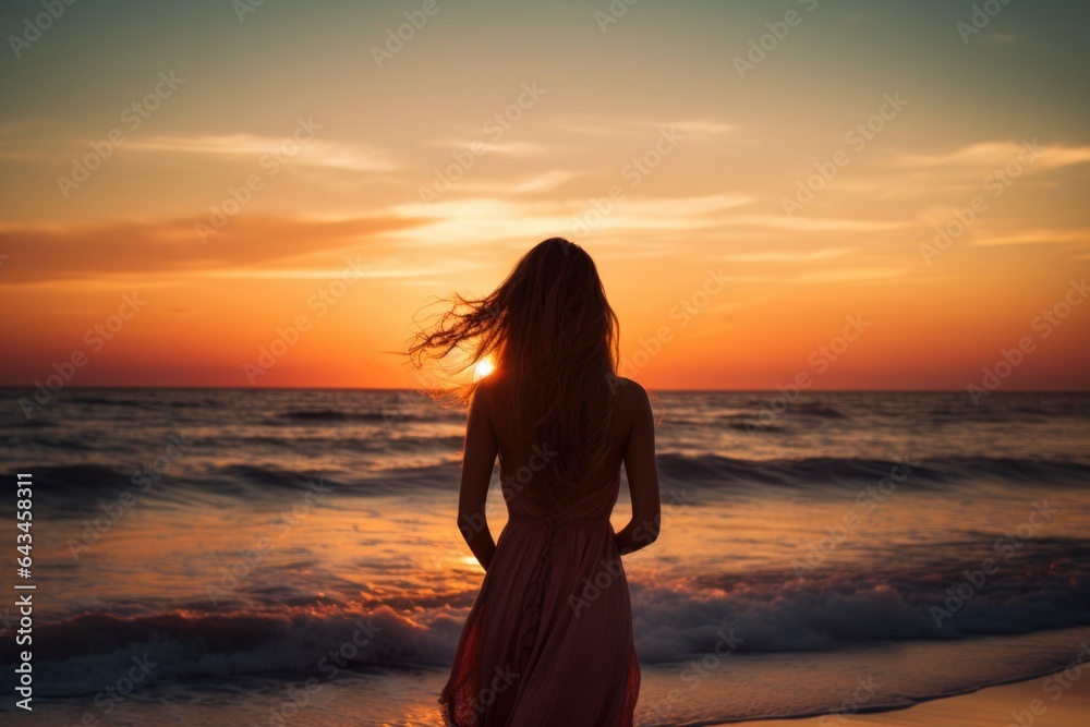 Young woman looking into ocean at sunset