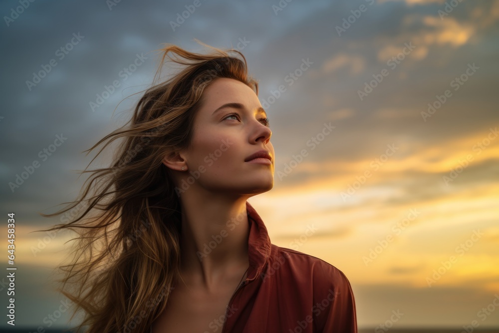 Young woman looking up at the sky at sunset