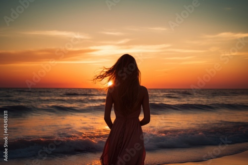 Young woman looking into ocean at sunset