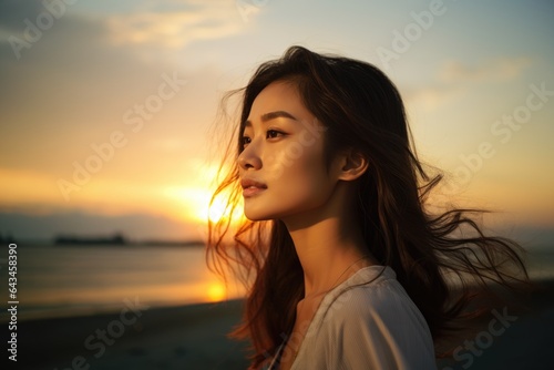 Young woman looking up at the sky at sunset © blvdone