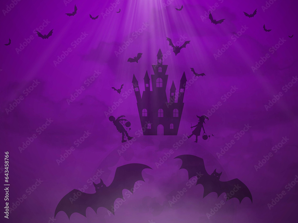 Happy Halloween. halloween background. black spiders cobweb and bats, scary pumpkins, serpentine and confetti on purple background..