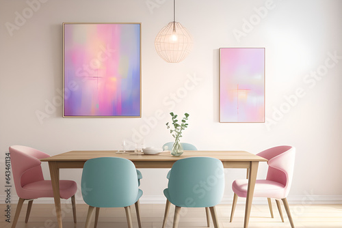 Cozy dining room with ellegant lamp and two artwork mockups of pastel gentle calming vibrant colourful light photo