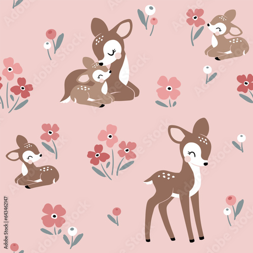 Seamless vector pattern with cute vintage fawn, mom and baby on floral background. Perfect for textile, wallpaper or print design.