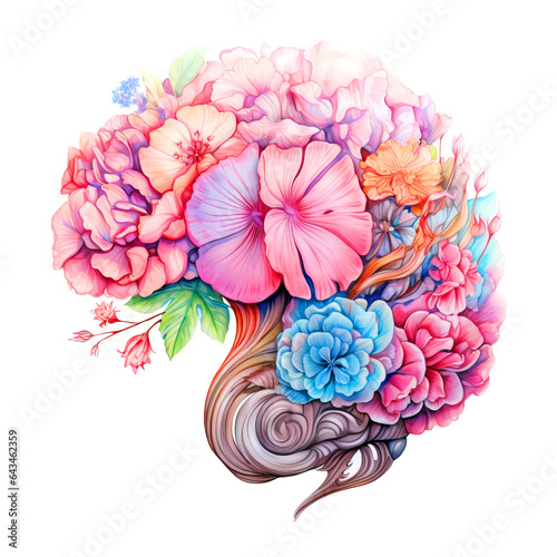 Human brain made with flowers watercolor Clipart isolated on Transparent Background. Floral Brain Clipart.