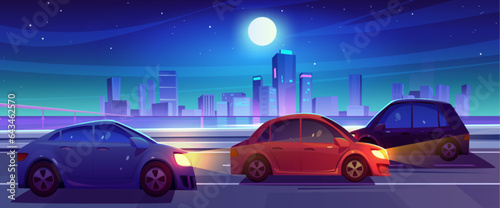 Night city street road with car traffic background. Neon skyscraper cityscape with vehicle headlight on speedway at midnight. Asphalt route urban coastline panorama landscape with sea water and bridge © klyaksun