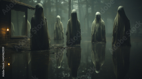 Creepy ghost in a dark foggy forest. Halloween concept.