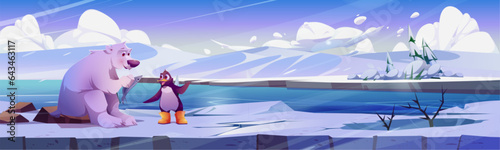 White polar bear with fish and cute penguin in boots on ice landscape. Vector cartoon illustration of funny animals on large floe, snowy hills, cold ocean water background. South Hemisphere wildlife
