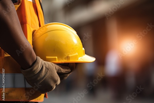 Close-up of a construction worker holding a hard hat in his hands.Generative Ai