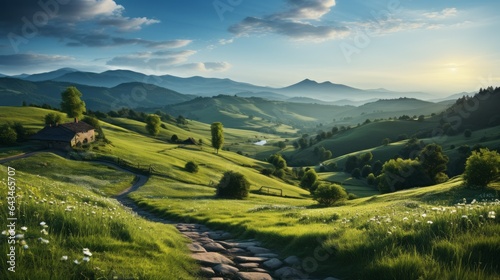 A serene countryside with fields, forests, and mountains under a picturesque sky.