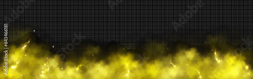 Yellow smoke with lightning strikes on transparent background. Vector realistic illustration of abstract cloud of toxic fire fume, neon electric energy discharges glowing in air, banner frame design