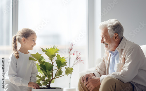 Loving caring grandfather spending time with cute little smiling granddaughter
