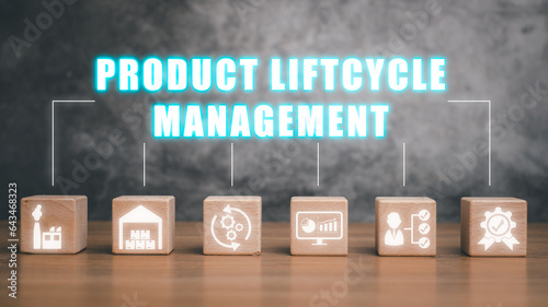 PLM, product lifecycle management concept, Wooden block on desk with roduct lifecycle management ion on vitual screen. photo