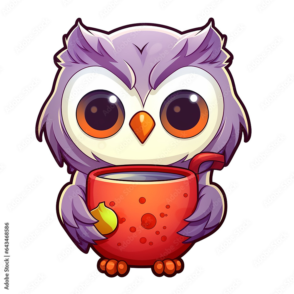 kawaii sticker, A cute Owl stirring, designed with colorful contours and isolated