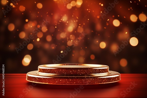 Empty podium golden on red background with light neon effects with bokeh decorations photo