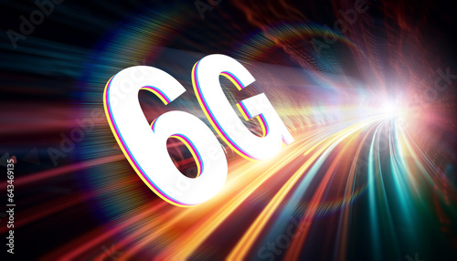 Numbers 6, and G letters on light line colorful. Future technology 6G network wireless systems and internet of things. Communication and the development of new technologies, Global wireless devices
