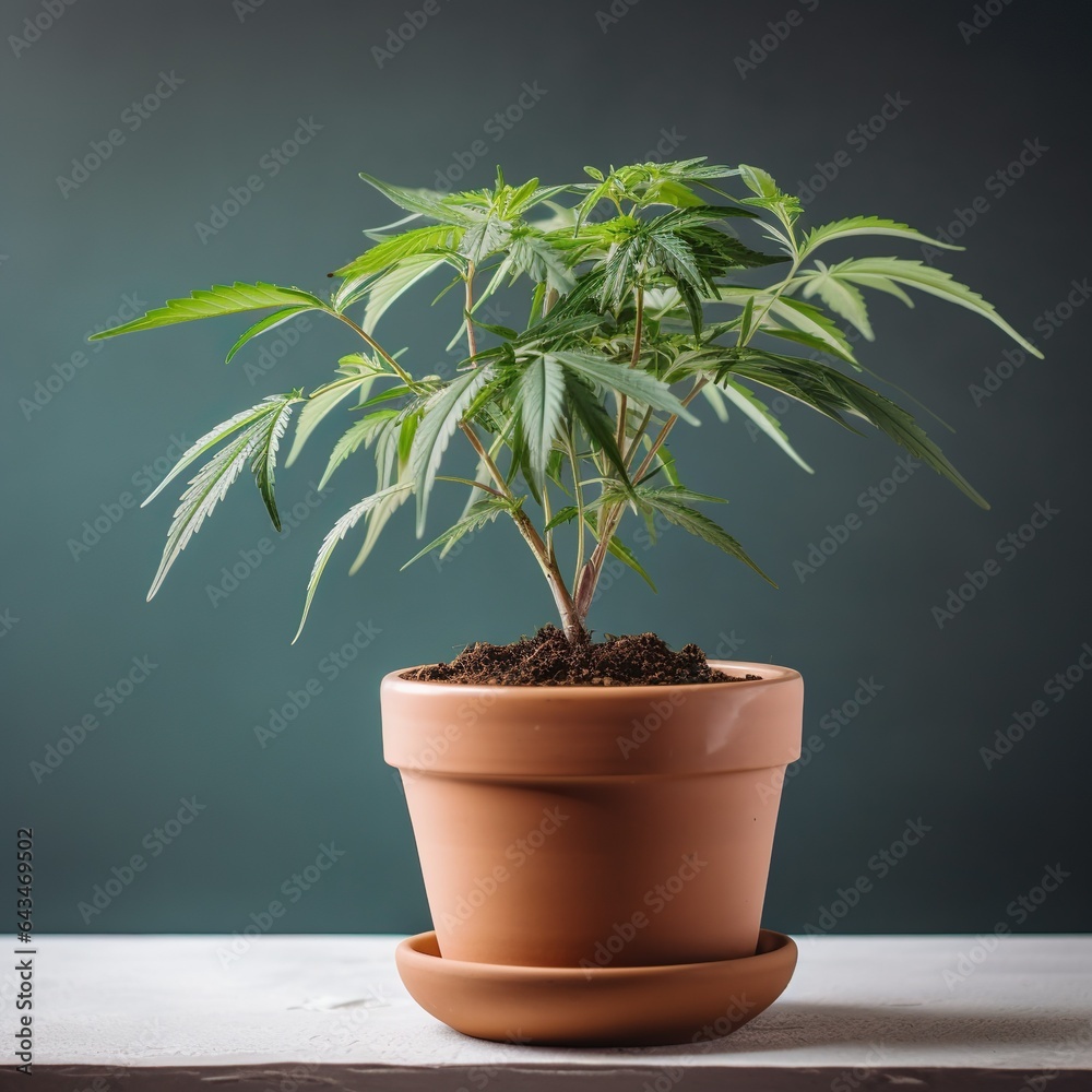 Fototapeta premium Cannabis plants in a flower pot, Canaabis Plants, Marijuana Buds, Close-up