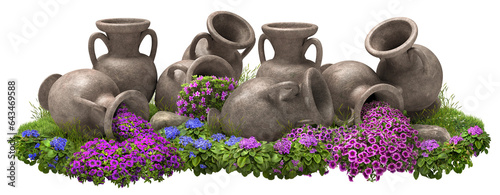 Flower bed isolated on transparent background. Landscaping consisting of amphorae and colorful flowers. Decorative flower pots in the garden